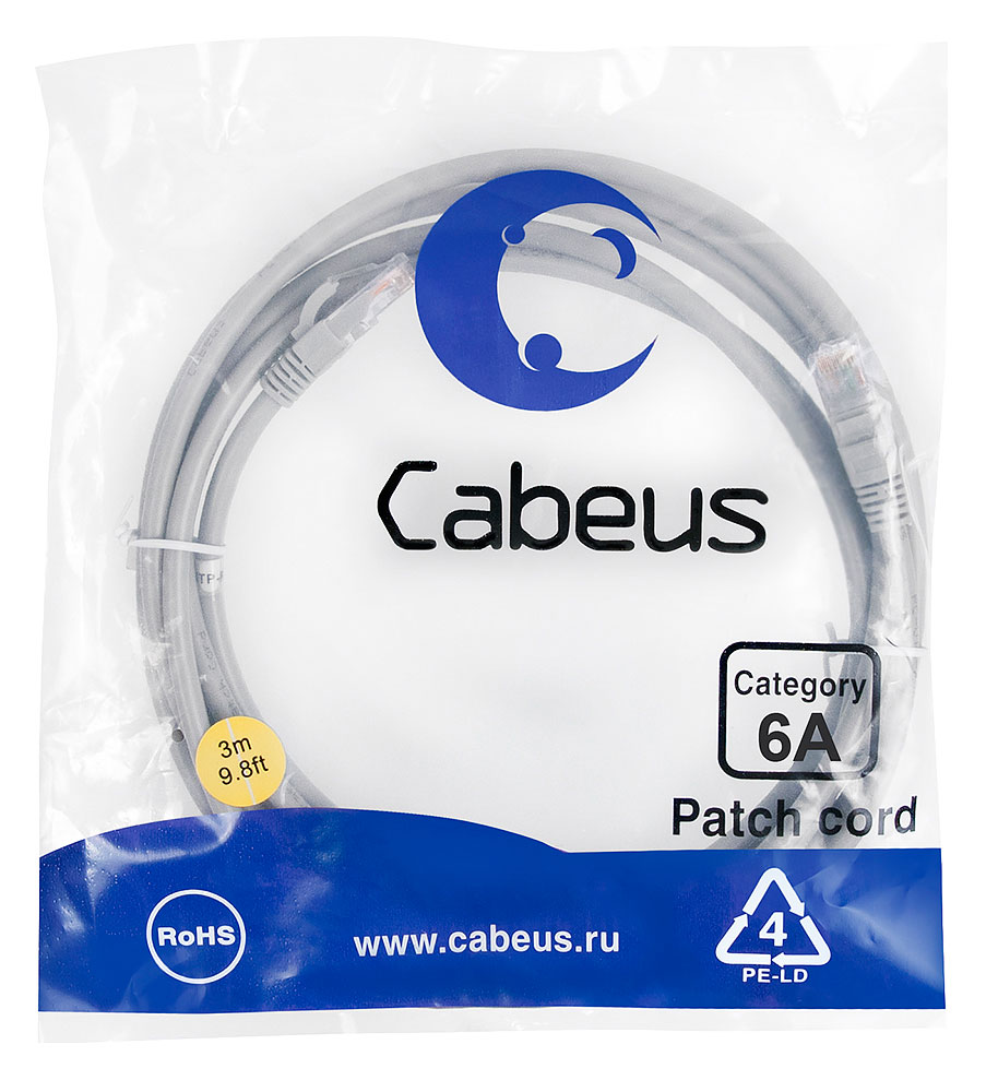 CABEUS PC-UTP-RJ45-CAT.6A-3M-LSZH - U/UTP,  6 (10G), 2XRJ45/8P8C, , , LSZH, 3