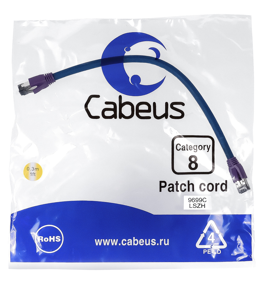 CABEUS PC-SSTP-RJ45-CAT.8-0.3M-LSZH - S/FTP,  8 (40G, 2000 MHZ), 2XRJ45/8P8C, , , LSZH, 0.3 