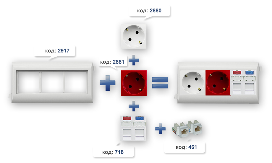 Монтаж модулей keystone и розеток 220в  в суппорт (10954 ABR) на 2 модуля 45х45 для короба (90х50, 110х34, 110х50, 185х50) Efapel