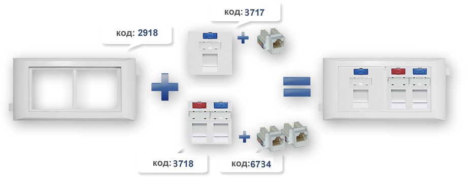 Монтаж модулей keystone и вставок в суппорт (10951 ABR) на 2 модуля 45х45 для короба (75х50, 155х50)