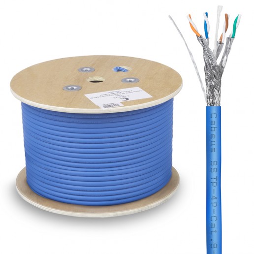 Cabeus SSTP-4P-Cat.8-SOLID-IN-LSZH-BL-100 Кабель экранированная витая пара SSTP (S/FTP), категория 8 (40G, 2000 MHz), 4 пары (23 AWG), LSZH, нг(А)-HF, (100 м)