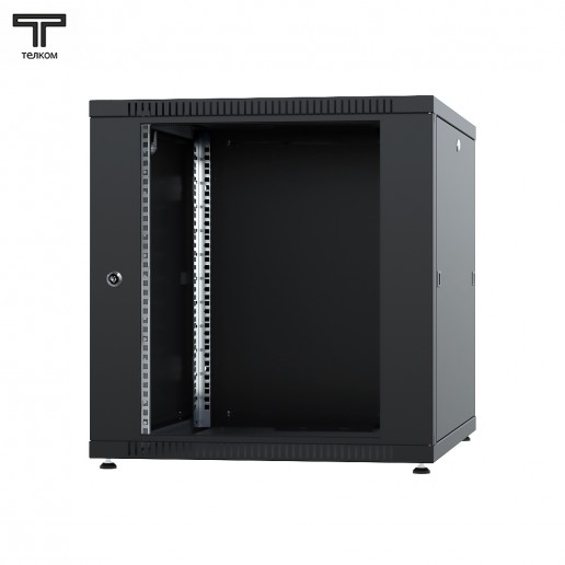 ТЕЛКОМ TLN-12.6.6-СМ.9005МА Шкаф напольный 12U 600x600x623мм (ШхГхВ) телекоммуникационный 19", передняя дверь стеклянная - задняя дверь металлическая, цвет черный (RAL9005МА) (4 места)