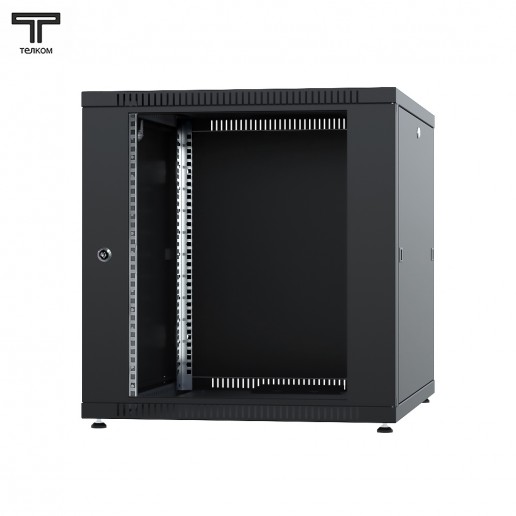 ТЕЛКОМ TLN-12.6.8-СМ.9005МА Шкаф напольный 12U 600x800x623мм (ШхГхВ) телекоммуникационный 19", передняя дверь стеклянная - задняя дверь металлическая, цвет черный (RAL9005МА) (4 места)