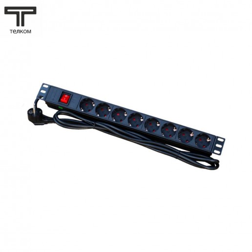 ТЕЛКОМ PDU-1U-G8-K Блок евророзеток для 19" шкафов, 8 розеток 220В (Schuko) 16А, 2К+З с выключателем, шнур 2м