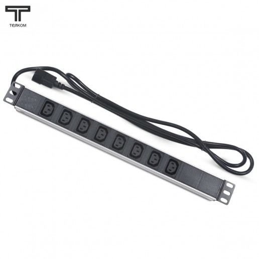 ТЕЛКОМ PDU-8I-2IEC/EY01B-1U-1C8 Блок евророзеток для 19" шкафов, горизонтальный, 8 розеток 220В IEC 320 (гнездо C13), 10 A, без выключателя, алюминиевый корпус, шнур 2 м, IEC 320 (вилка C14)