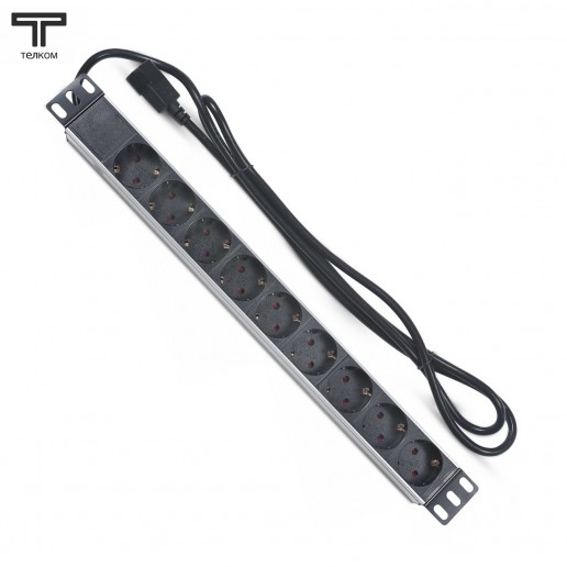 ТЕЛКОМ PDU-9P-2IEC/EY01B-1U-GER9-C14 Блок евророзеток для 19" шкафов, горизонтальный, 9 розеток 220В (Schuko), 10 A, без выключателя, алюминиевый корпус, шнур 2 м, IEC 320 (вилка C14)
