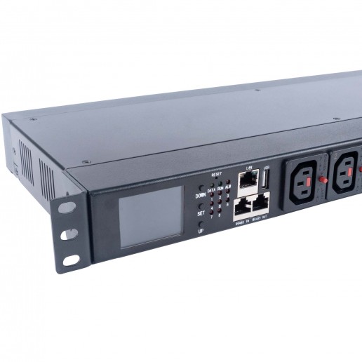 Cabeus SMART-PDU-C20-8C13-CM Блок распределения питания, 1U горизонтальный, входной разъем С20, выходной 8хС13 розеток, 1 фаза, 16 A, мониторинг/управление, евро-шнур 3х1,5мм длина 2м