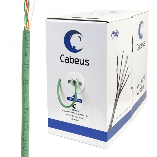 Cabeus UTP-4P-Cat.5e-SOLID-GN Кабель витая пара UTP (U/UTP), категория 5e, 4 пары (24 AWG), одножильный, PVC нг(А)-LS, зеленый (305 м)