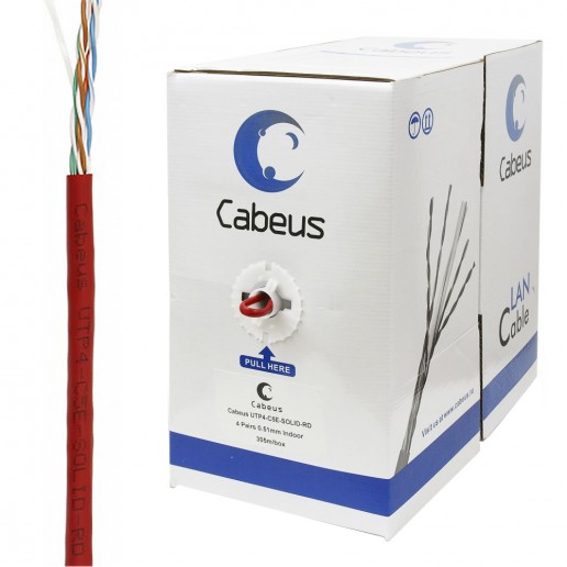 Cabeus UTP-4P-Cat.5e-SOLID-RD Кабель витая пара UTP (U/UTP), категория 5e, 4 пары (24 AWG), одножильный, PVC нг(А)-LS, красный (305 м)