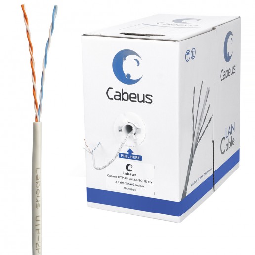 Cabeus UTP-2P-Cat.5e-SOLID-GY Кабель витая пара UTP (U/UTP), категория 5e, 2 пары (24 AWG) , одножильный, PVC нг(А)-LS, серый (305 м)