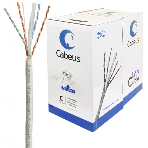 Cabeus UTP-4P-Cat.6-SOLID-GY Кабель витая пара UTP (U/UTP), категория 6, 4 пары (23 AWG), одножильный, PVC нг(А)-LS, серый (305 м)
