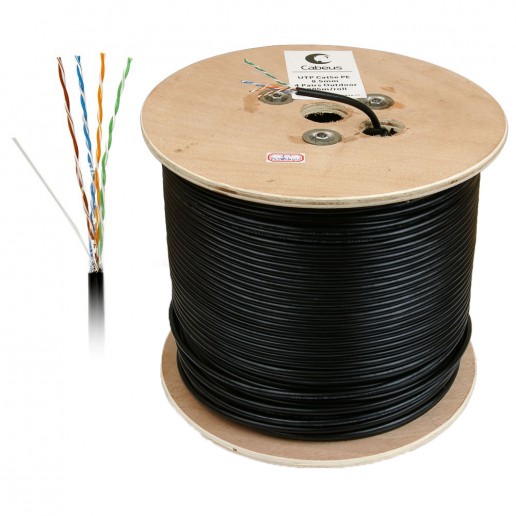 Cabeus UTP-4P-Cat.5e-SOLID-OUT-LSZH-UV Кабель витая пара UTP (U/UTP), категория 5e, 4 пары (24 AWG), одножильный, для внутренней и внешней прокладки (+75 C - -40), LSZH-UV нг(А)-HF (305 м)