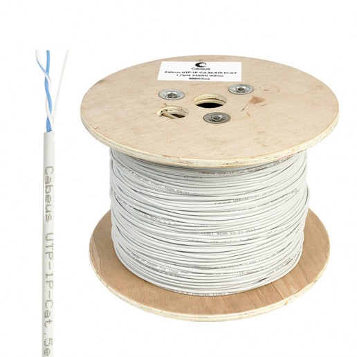 Cabeus UTP-1P-Cat.5e-SOLID Кабель витая пара (UTP), категория 5e, 1 пара (24 AWG), одножильный (solid), PVC нг(А)-LS, серый (500 м)
