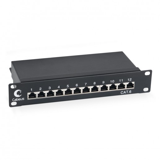 Cabeus PL-12-Cat.6 10"-SH-Dual IDC Патч-панель 10", установочный размер 236 мм, 12 портов RJ-45 полностью экранированная, категория 6, Dual IDC