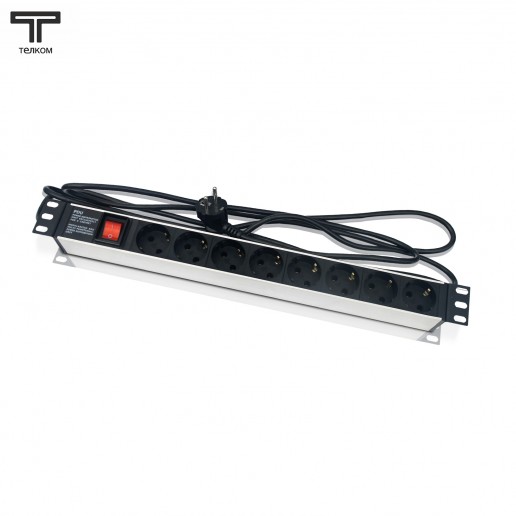 ТЕЛКОМ 54556 / LX-PDU07 Блок евророзеток для 19" шкафов, 8 розеток 220В (Schuko) 16А, 2К+З с выключателем, шнур 1,8м