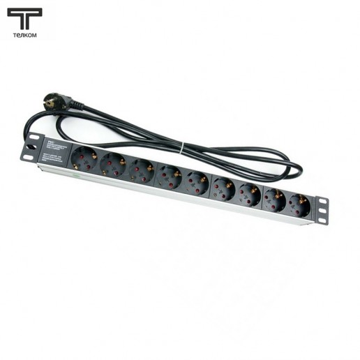 ТЕЛКОМ PDU-LX-02 9P.SW Блок евророзеток для 19" шкафов, 9 розеток 220В (Schuko), 16 A, без выключателя, шнур 2м