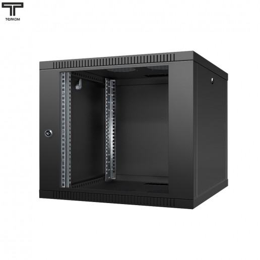 ТЕЛКОМ TL-9.6.6-С.9005МА Шкаф настенный 9U 600x600x490мм (ШхГхВ) телекоммуникационный 19", дверь стеклянная в металлической раме, цвет черный (RAL9005МА) (4 места)