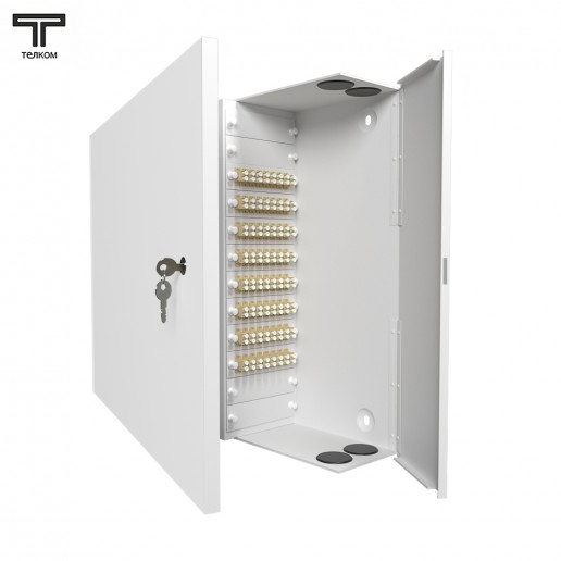 ТЕЛКОМ КНп-64-DLC/UPC-ОМ4-50/125 Кросс оптический настенный на 64 порта DLC 50/125мкм (ОМ4) предсобранный (пигтейл LC 50/125 (ОМ4)-128шт, розетка DLC-64шт, планки LC/DLC, сплайс кассета-4шт, КДЗС-128шт)