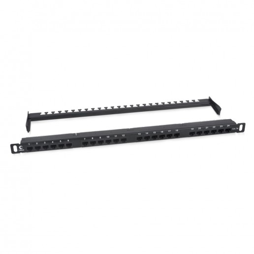 Cabeus PLHD-24-Cat.5e-Dual-180-0,5U Патч-панель высокой плотности 19" (0,5U), 24 порта RJ-45, категория 5e, Dual IDC,180 градусов, с задним кабельным организатором