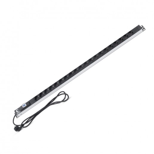 Cabeus PDU-16-20S-B Блок распределения питания для 19" шкафов, вертикальный, 20 розеток Schuko, 16А, автомат защиты, алюминиевый корпус, шнур с вилкой Schuko 2 м