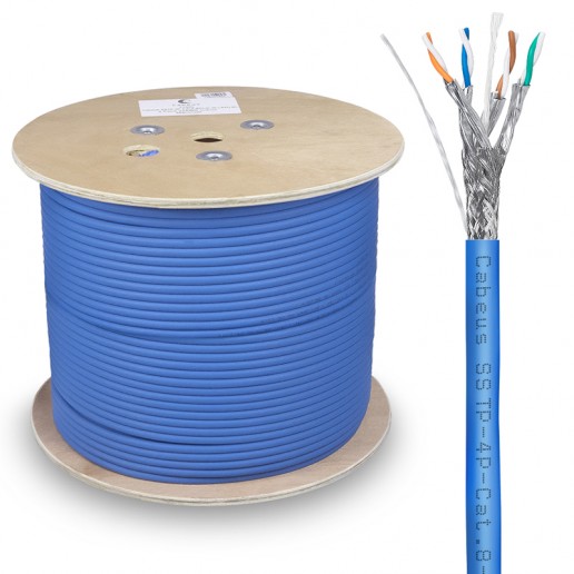 Cabeus SSTP-4P-Cat.8-SOLID-IN-LSZH-BL Кабель экранированная витая пара SSTP (S/FTP), категория 8 (40G, 2000 MHz), 4 пары (23 AWG), LSZH, нг(А)-HF (305 м)