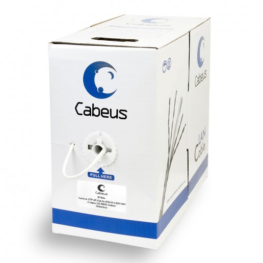 Cabeus UTP-4P-Cat.5e-SOLID-LSZH-WH Кабель витая пара UTP (U/UTP), категория 5e, 4 пары (24 AWG), одножильный, белый, LSZH, нг(А)-HF, (305 м)