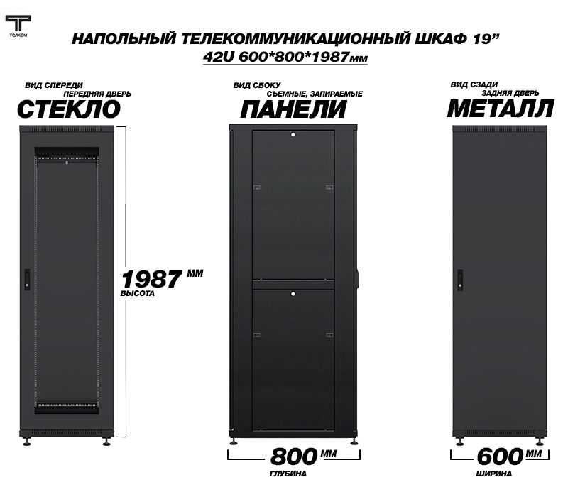 ТЕЛКОМ ТС-42.6.8-СМ.9005М Шкаф напольный 42U 600x800